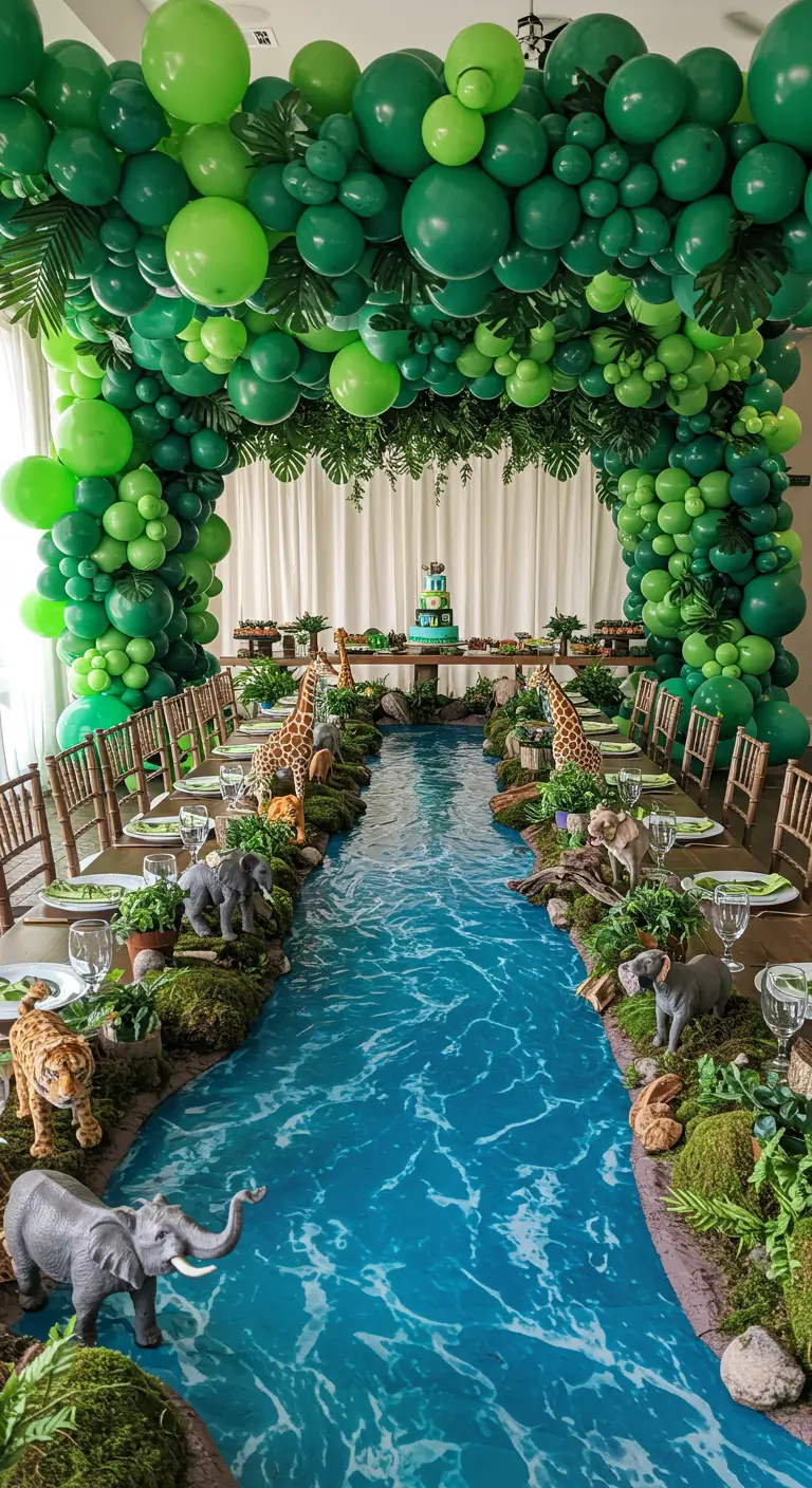 Larga mesa de fiesta decorada como un río de la selva con agua, musgo y figuras de animales.