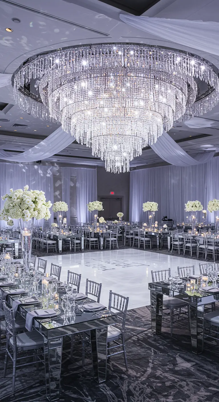 Salón de fiestas elegante con mesas de espejo y una gran lámpara de araña de cristal.