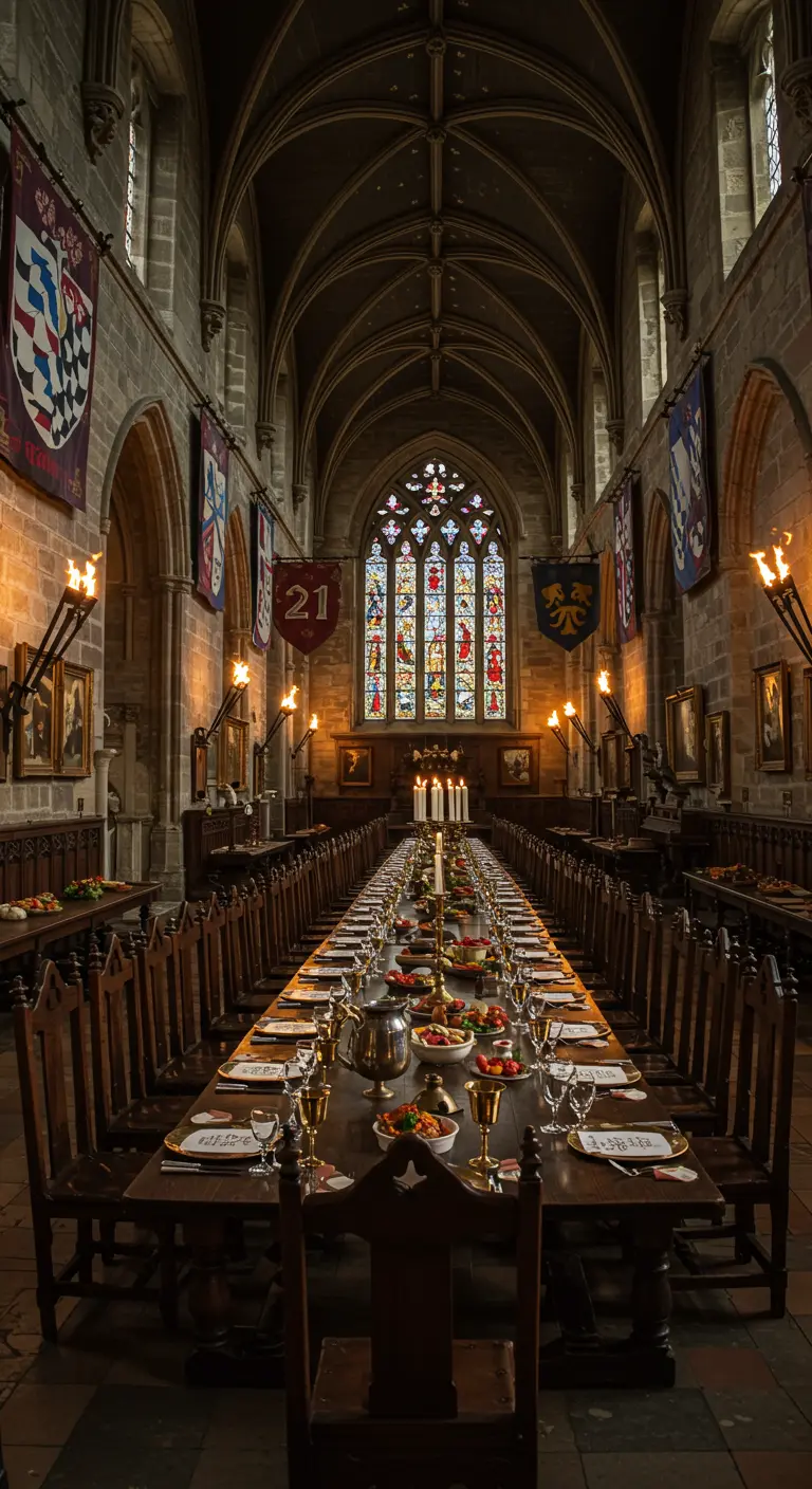 Un gran salón de banquetes medieval con una mesa larga, antorchas en las paredes y estandartes.