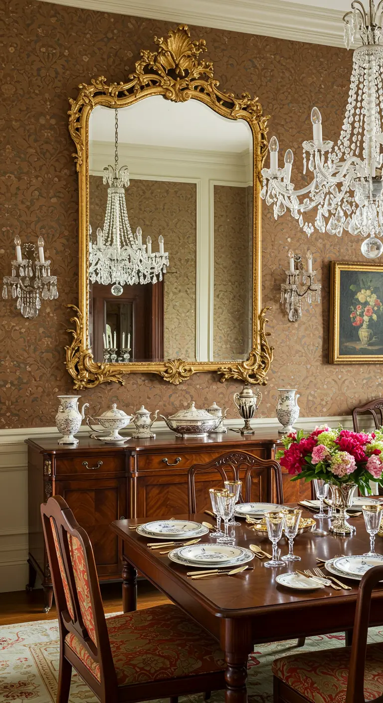 Comedor tradicional y opulento con un gran espejo barroco dorado y lámparas de cristal