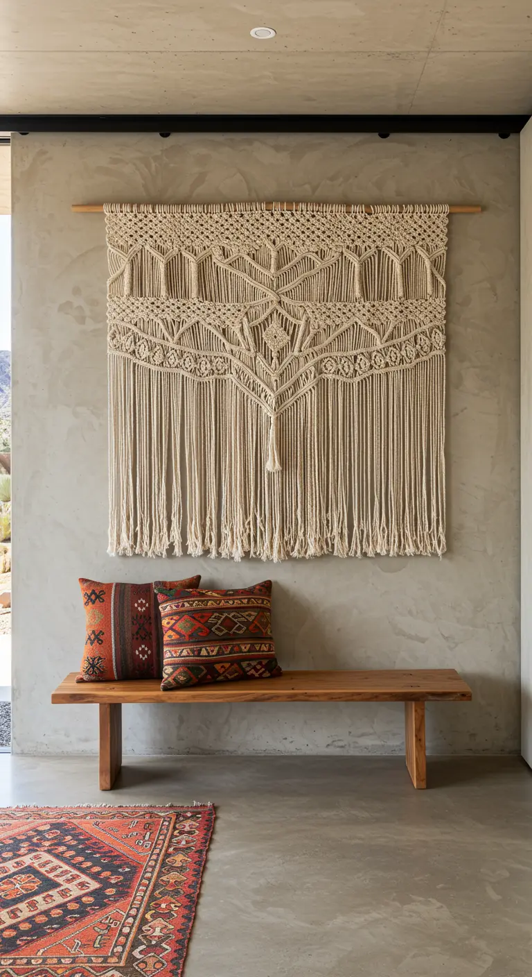 Gran tapiz de macramé colgado en una pared de cemento sobre un banco de madera con cojines étnicos.