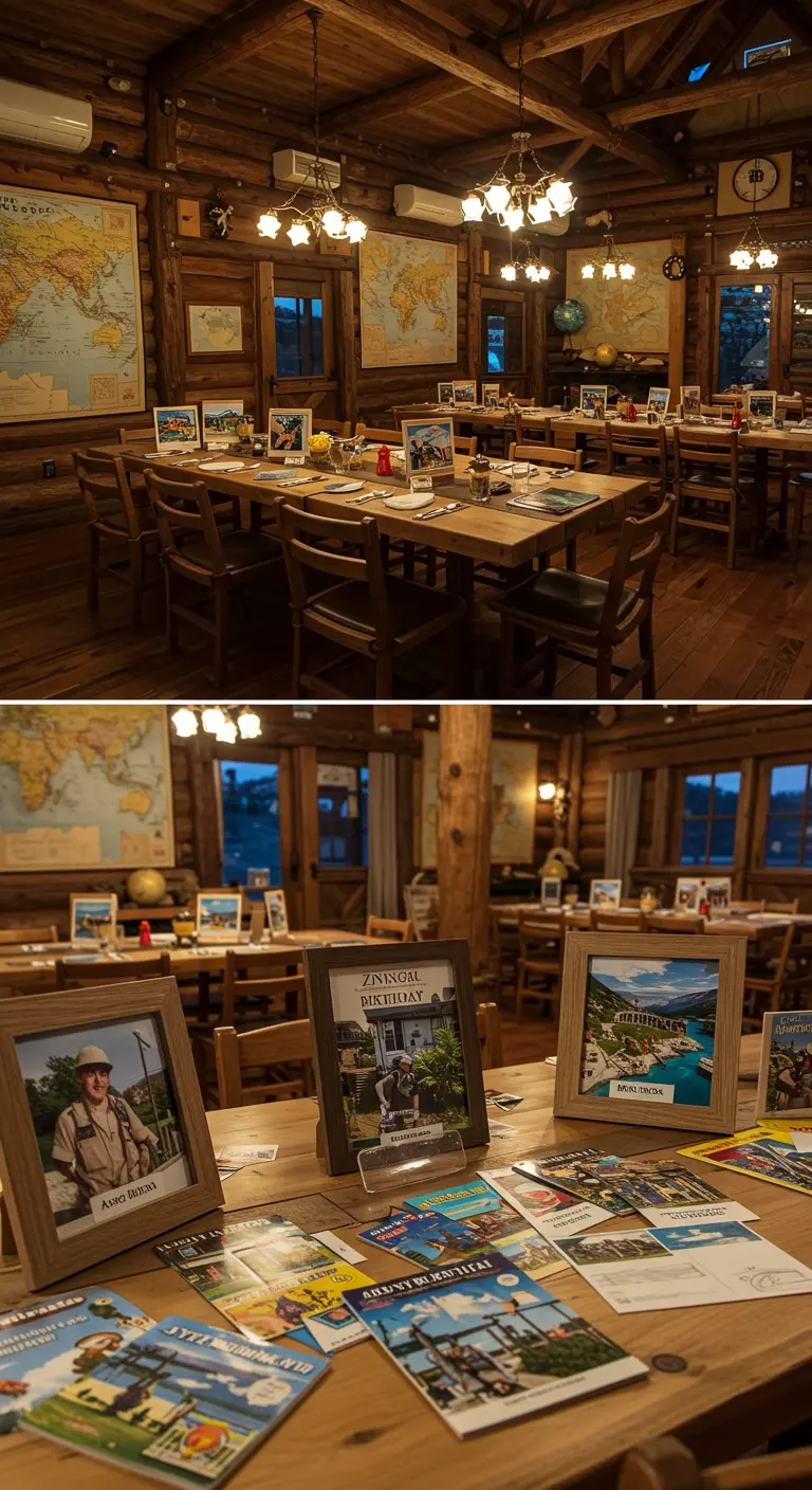 Mesas de madera en una cabaña rústica decoradas con fotos de viajes, mapas y postales.