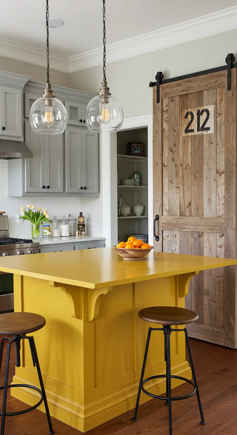 Cocina con isla mostaza y una gran puerta de granero de madera recuperada con herrajes negros.