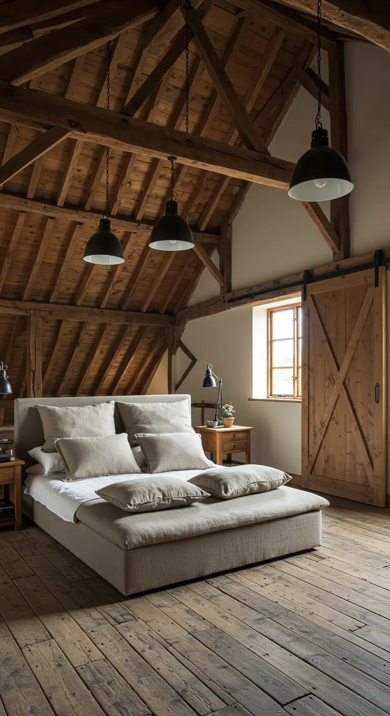 Dormitorio tipo granero con techo alto de vigas de madera y una puerta corredera rústica.
