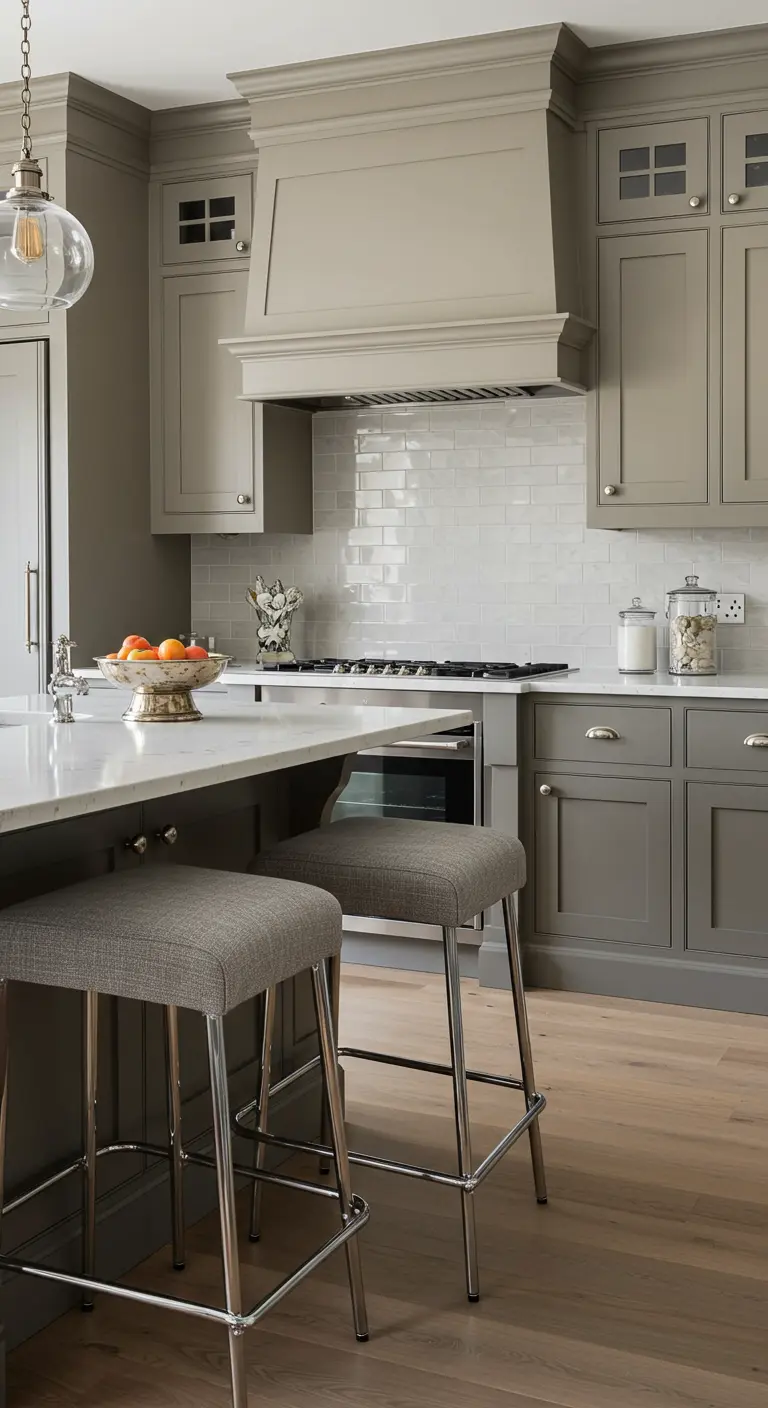 Cocina tradicional en tono greige con azulejos blancos tipo metro.