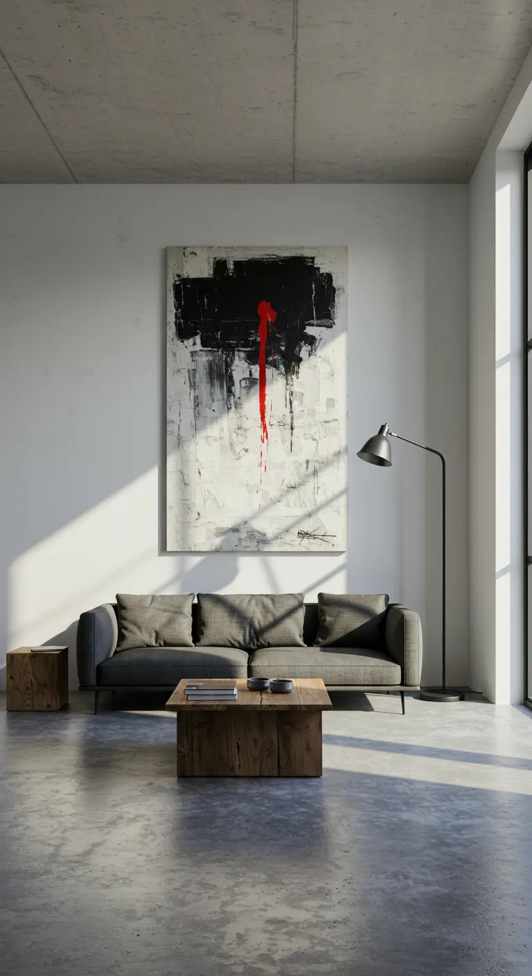 Sala de estar minimalista con un gran cuadro abstracto en blanco, negro y rojo sobre un sofá gris.
