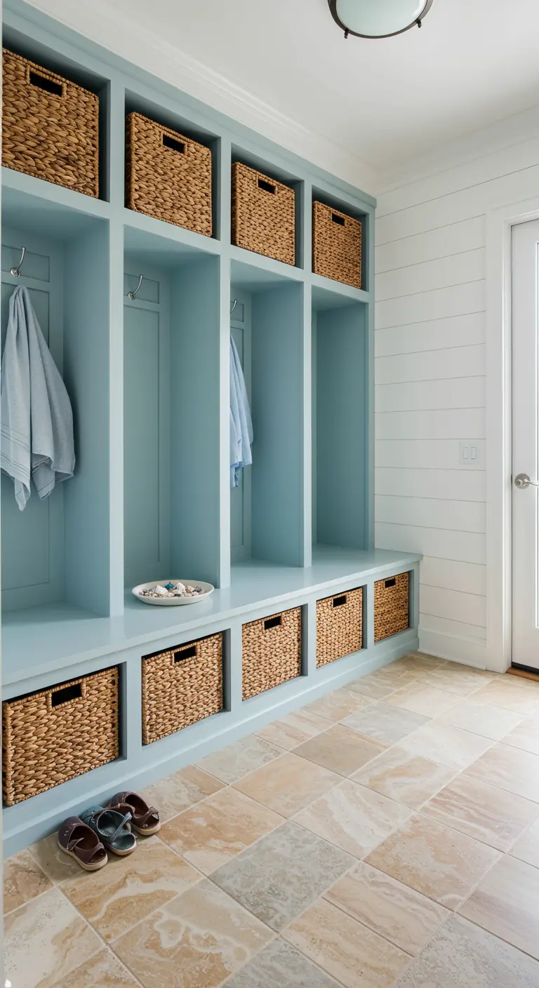 Mueble de recibidor azul con casilleros individuales y cestas de mimbre para almacenaje.