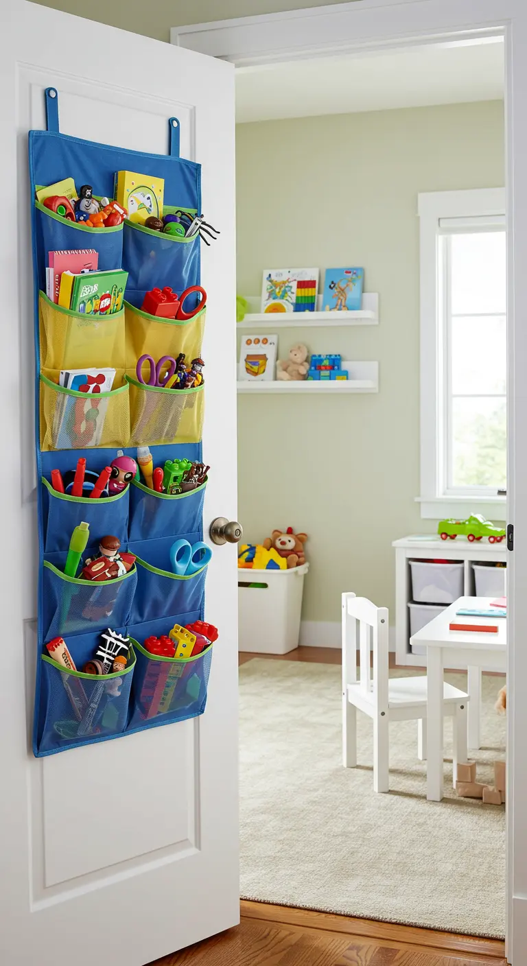Organizador de juguetes azul y amarillo colgado en la puerta de una habitación infantil.