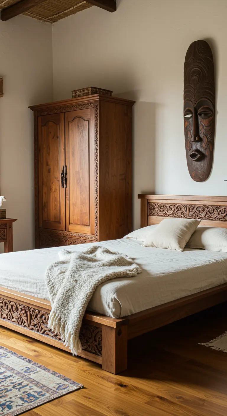 Dormitorio con cama de madera tallada y una gran máscara tribal africana colgada en la pared.