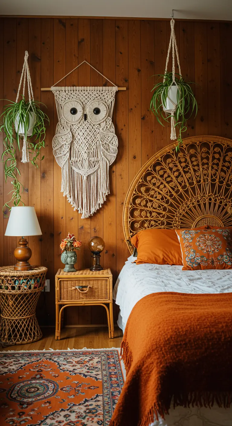 Dormitorio bohemio con un tapiz de macramé en forma de búho sobre un cabecero de ratán.
