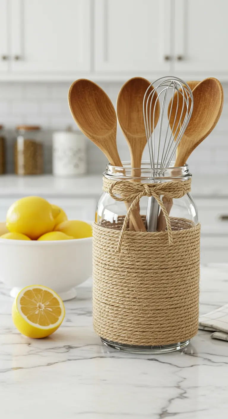 Frasco grande envuelto en yute utilizado como soporte para utensilios de cocina de madera.