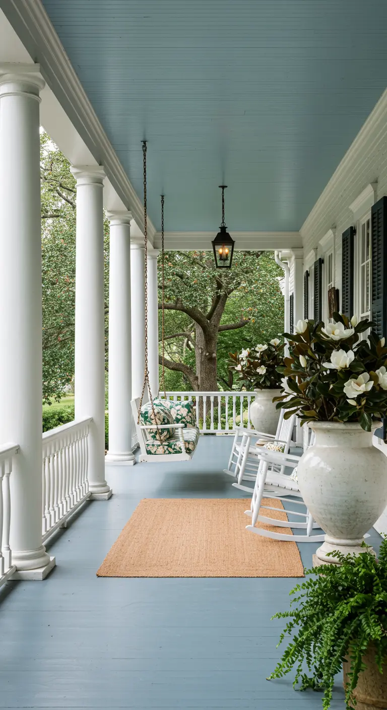 Amplio porche con suelo y techo pintados de azul claro, columnas blancas y un columpio.