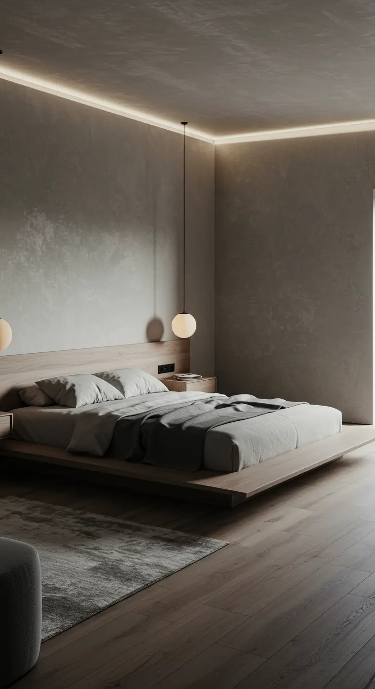 Dormitorio minimalista con iluminación LED indirecta integrada en el perímetro del techo.
