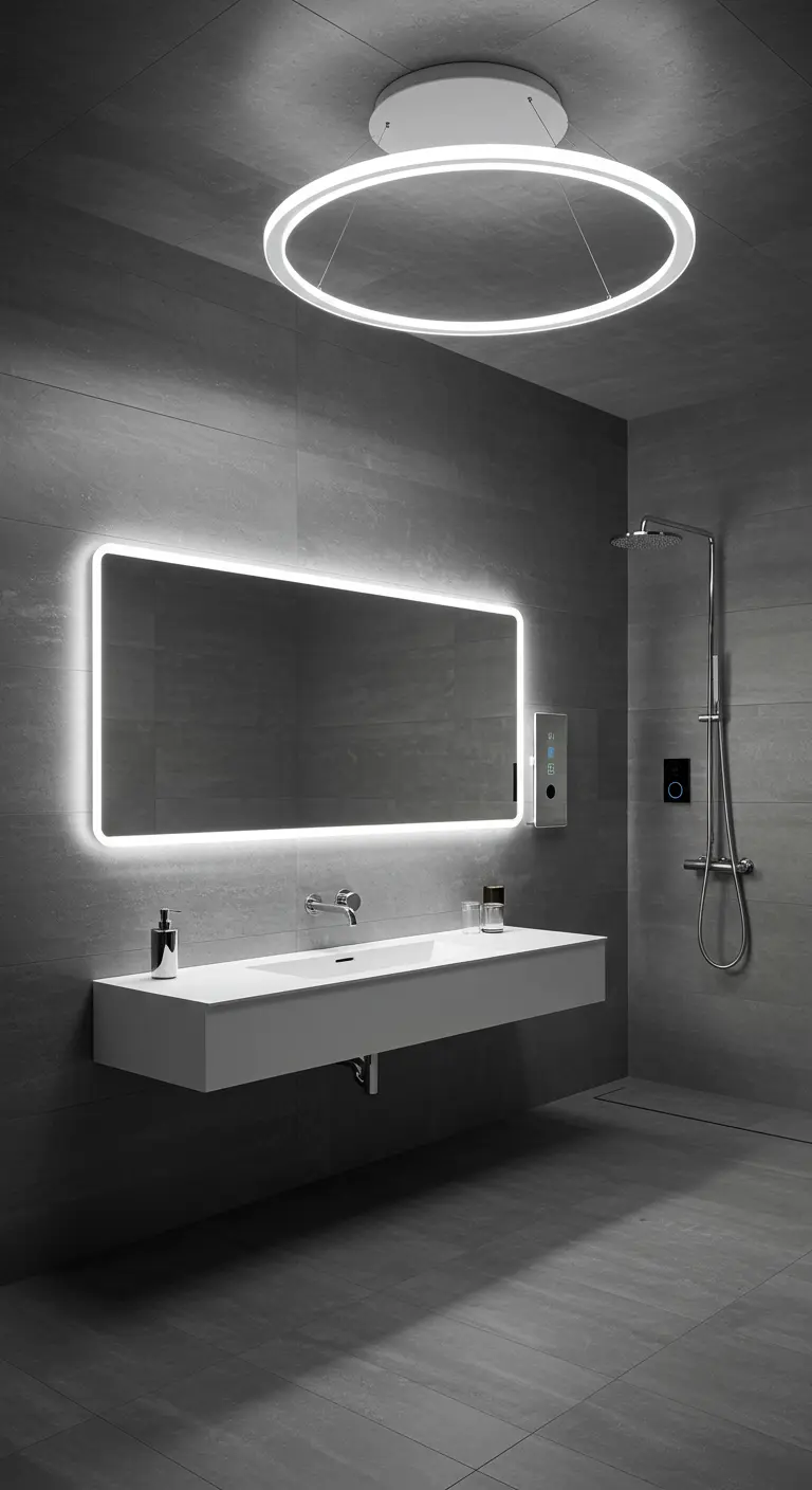 Baño moderno y oscuro con una gran lámpara de aro LED en el techo