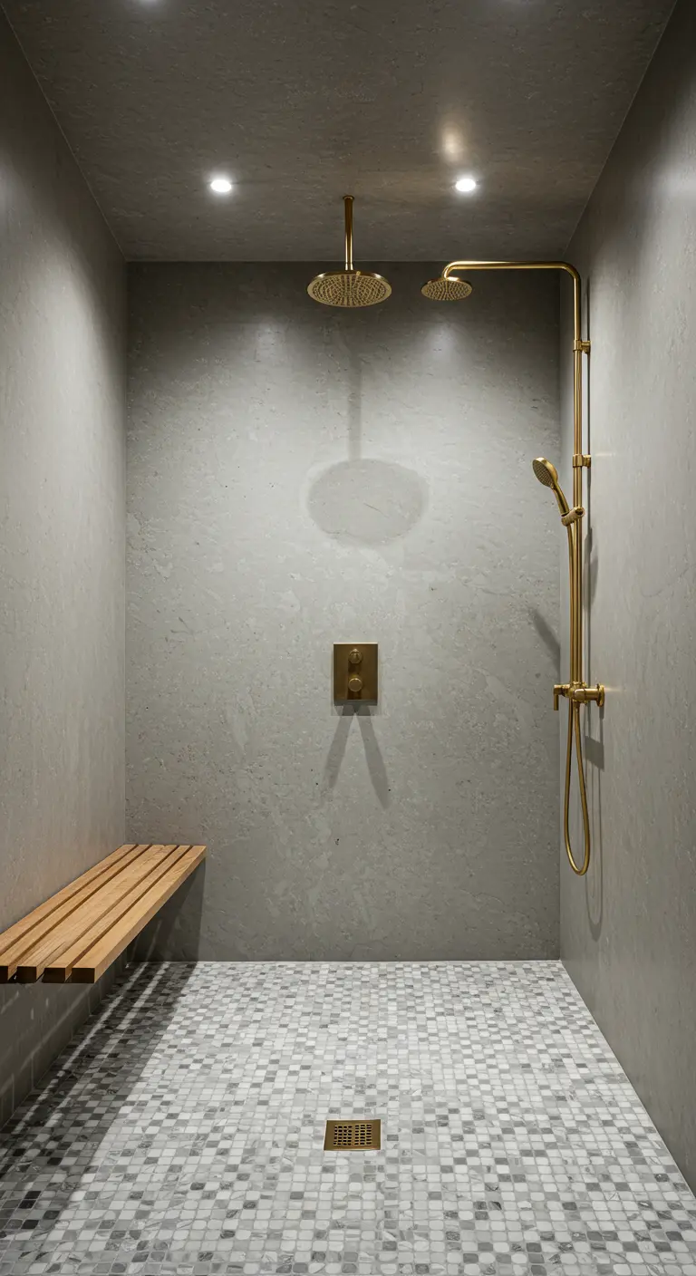 Ducha de microcemento gris con suelo de mosaico, grifería doble de latón y banco de madera.