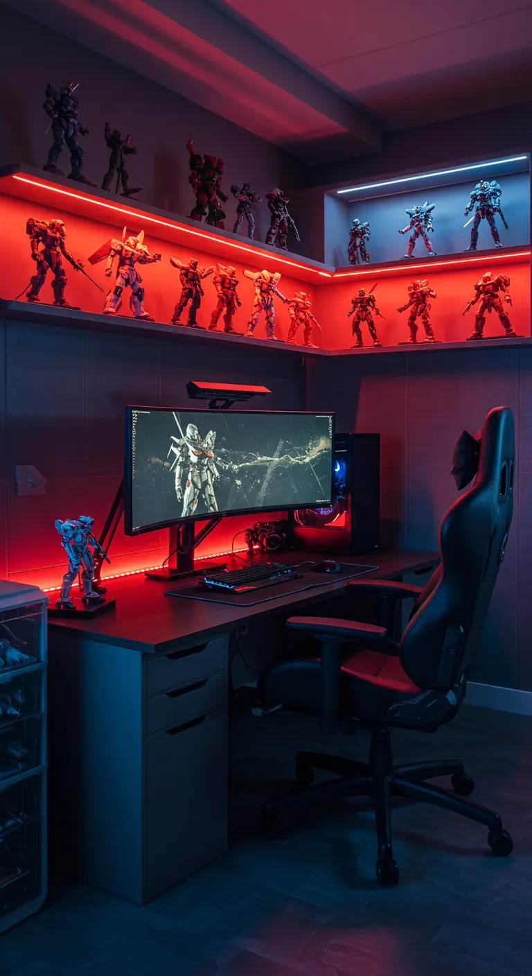 Sala de gaming con una gran colección de figuras de robots iluminadas por estantes con luz LED roja.