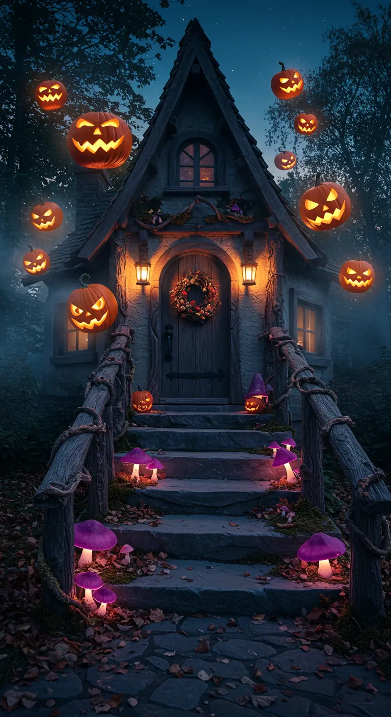 Cabaña de bruja en un bosque con calabazas iluminadas flotando y setas mágicas en la escalera.