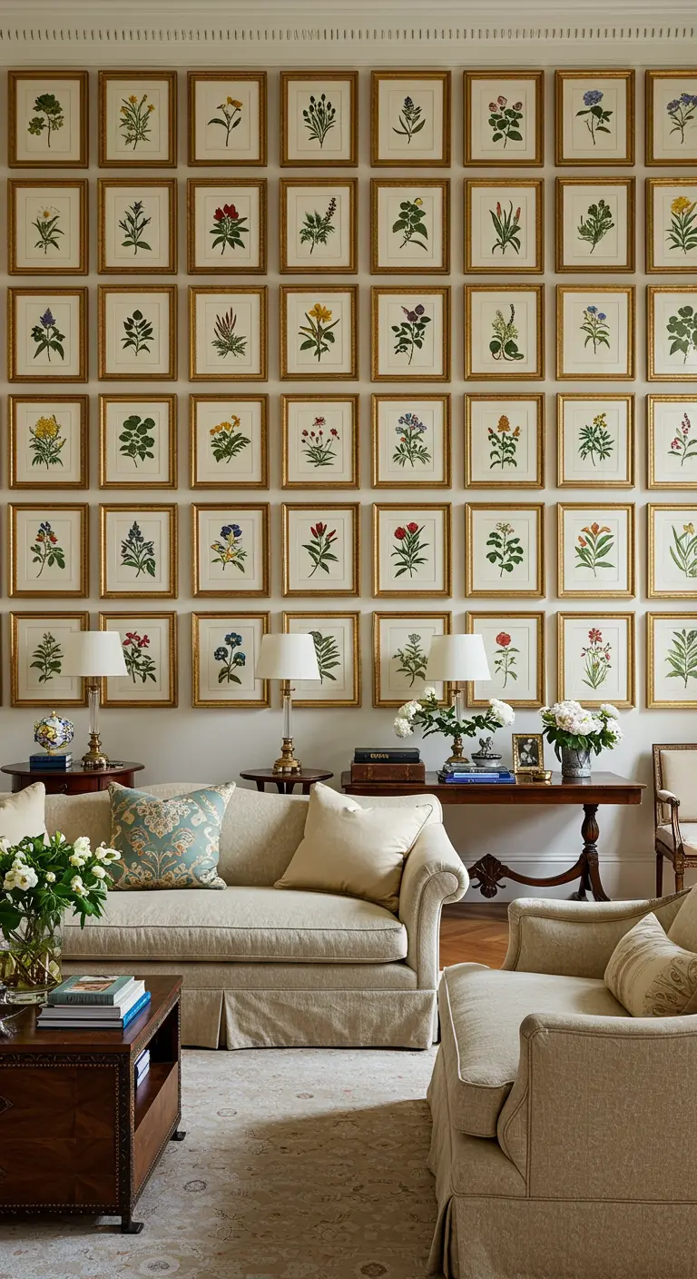 Pared de salón completamente cubierta con una cuadrícula de ilustraciones botánicas enmarcadas