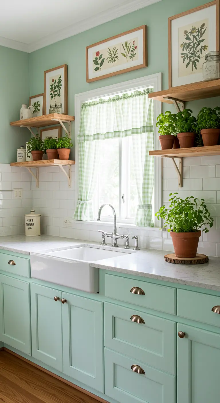 Cocina menta decorada con láminas de botánica y macetas con plantas.