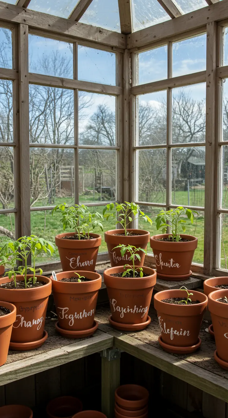 Macetas de terracota en un invernadero con los nombres de las plantas escritos a mano.