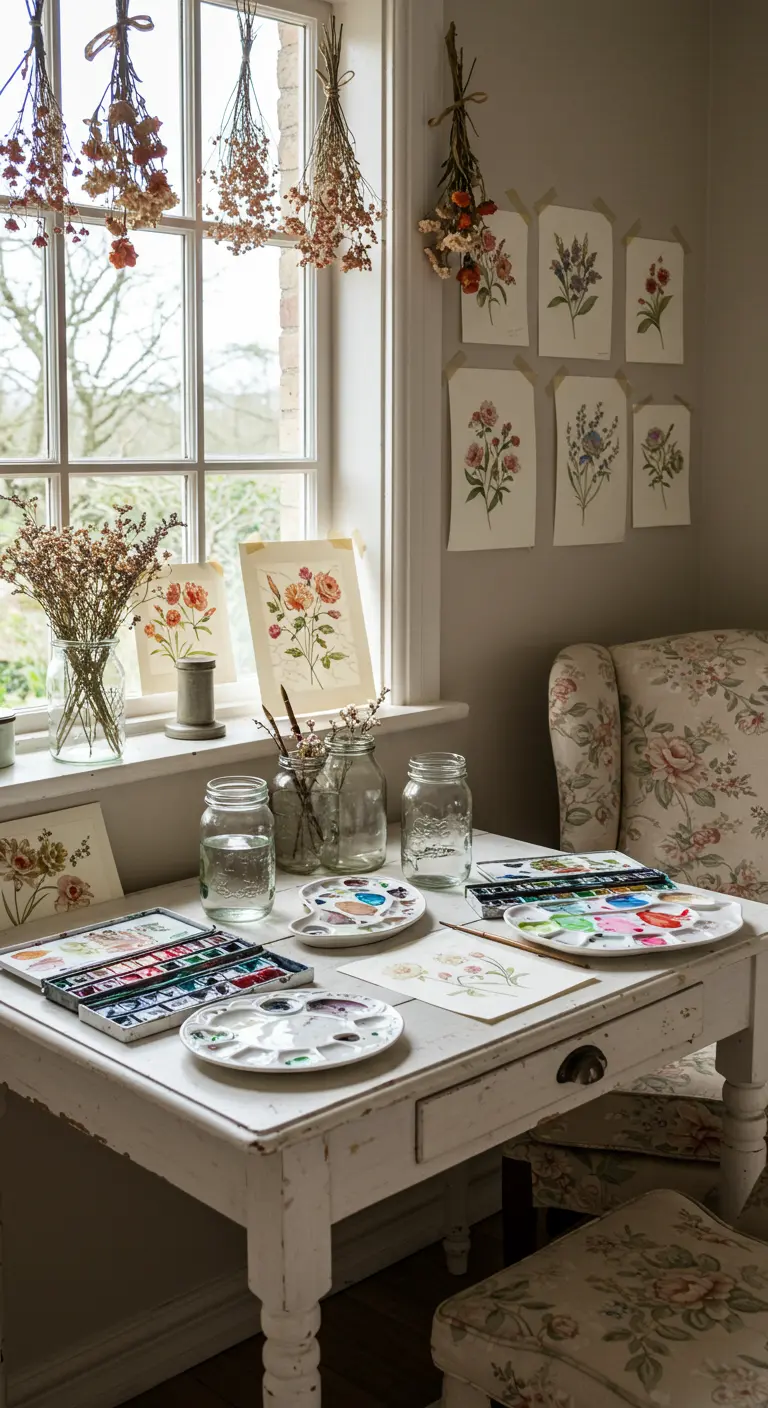 Rincón de pintura con mesa blanca, flores secas colgando y acuarelas de motivos botánicos.