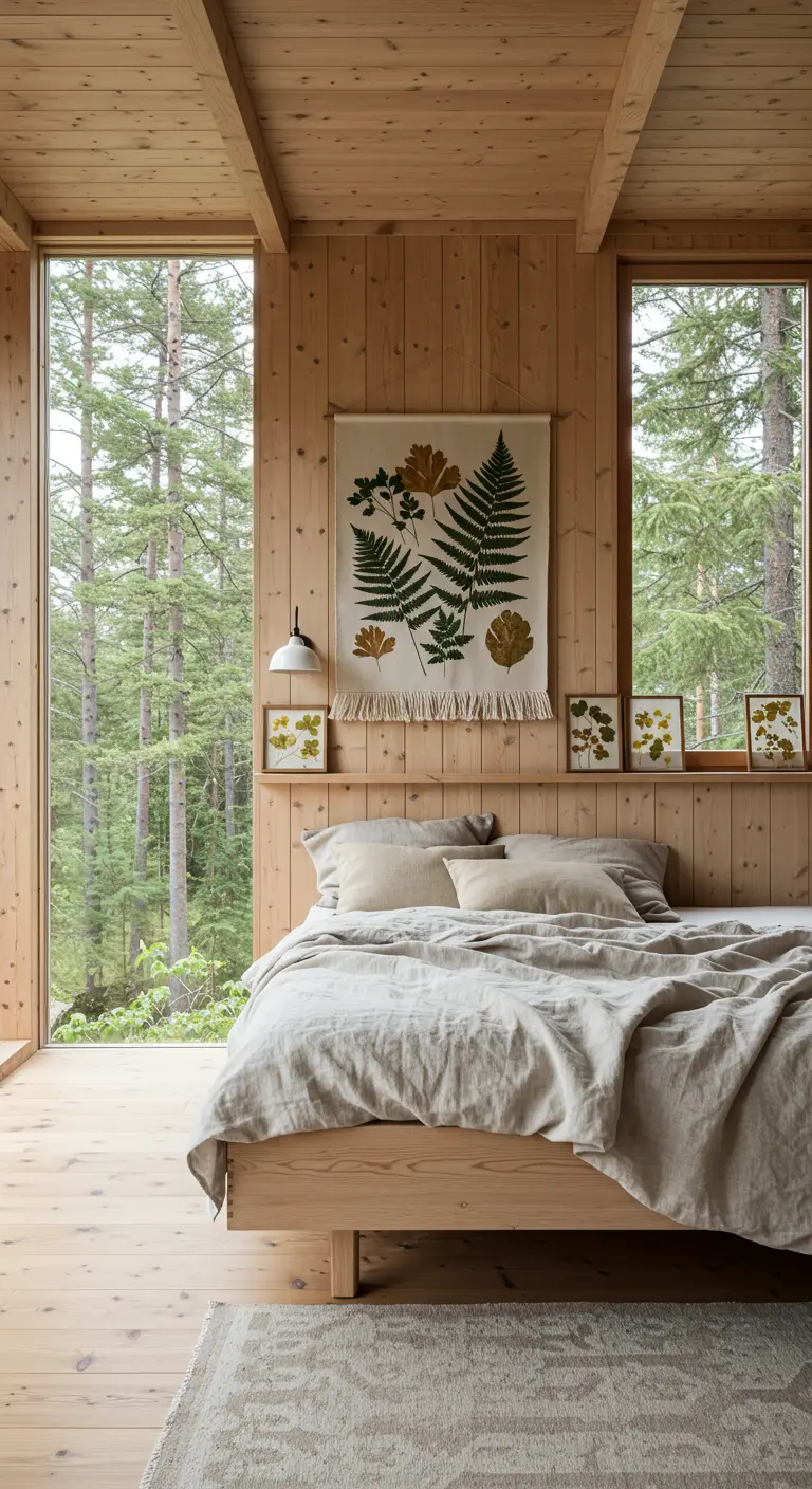 Dormitorio de madera con un tapiz estampado con diferentes tipos de helechos verdes.