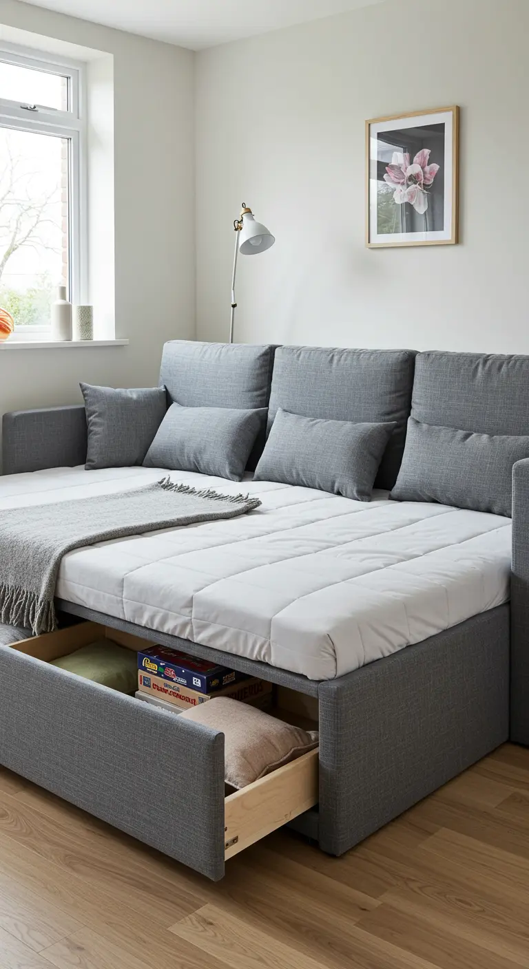 Sofá cama gris con un gran cajón de almacenaje abierto que contiene almohadas y ropa de cama.