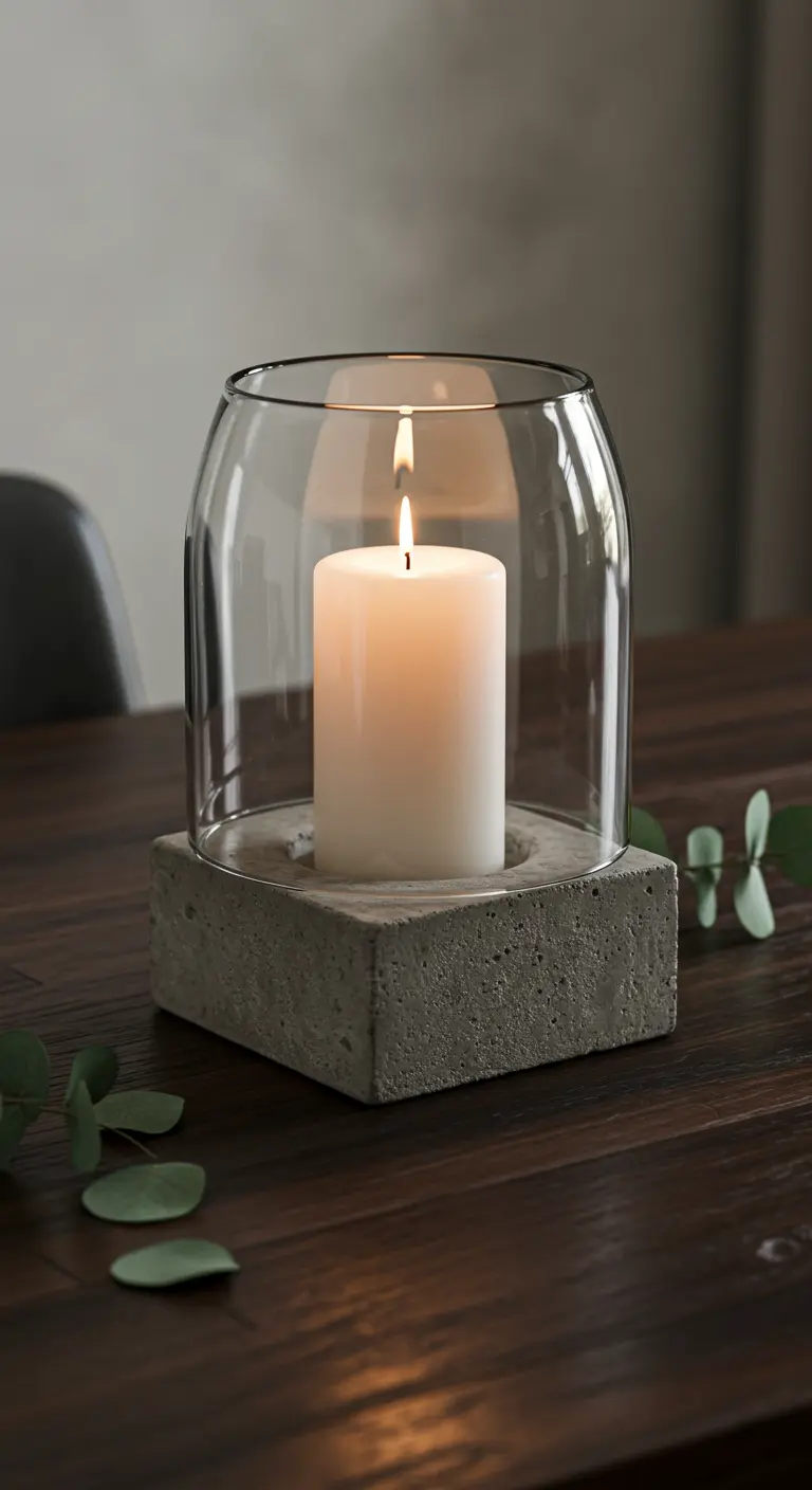 Portavelas de cemento con base cuadrada y una campana de cristal protectora.