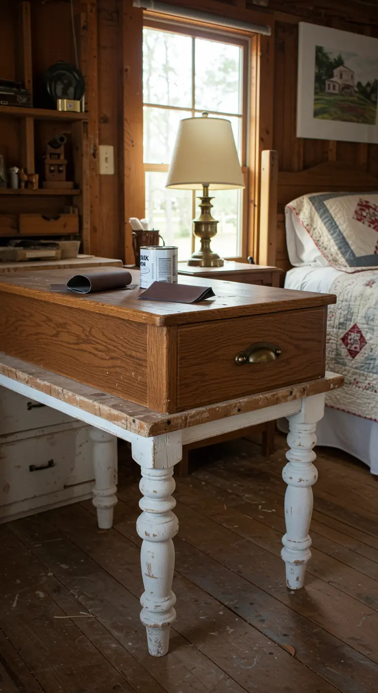 Mesa auxiliar DIY hecha con un cajón de madera sobre una base de mesa blanca desgastada