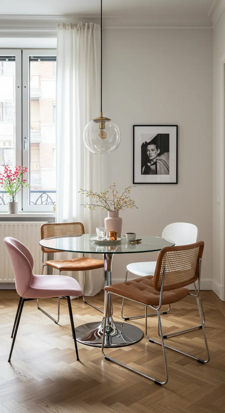 Comedor ecléctico con sillas de diferentes estilos (terciopelo, ratán) unidas por el color rosa.