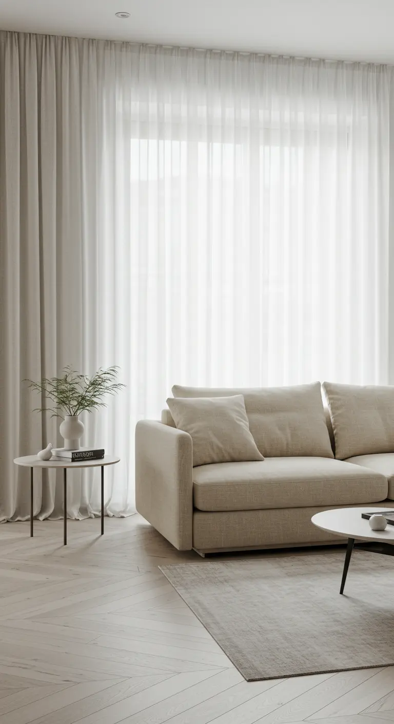 Sala de estar luminosa con un sofá beige y cortinas blancas translúcidas