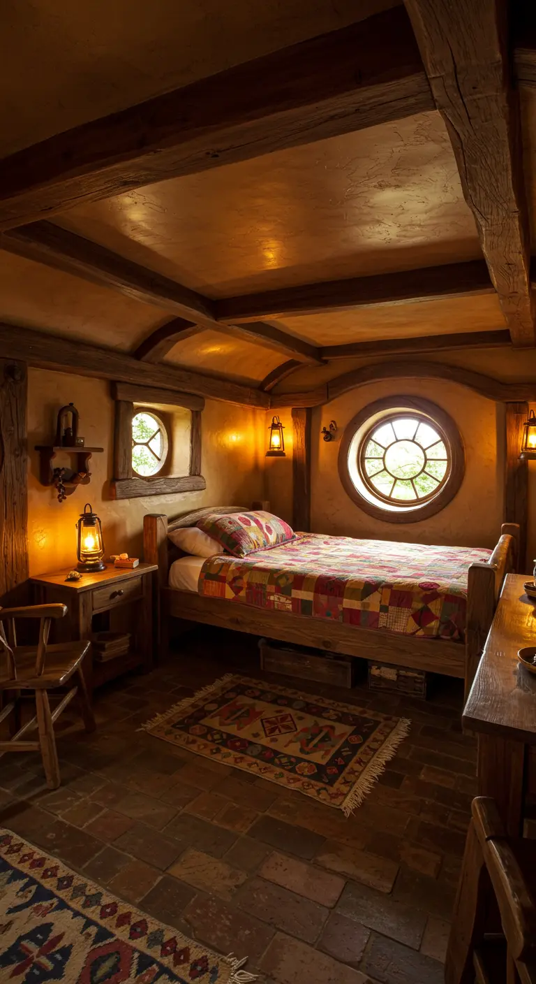 Dormitorio acogedor y rústico estilo hobbit, con paredes de estuco y vigas de madera.