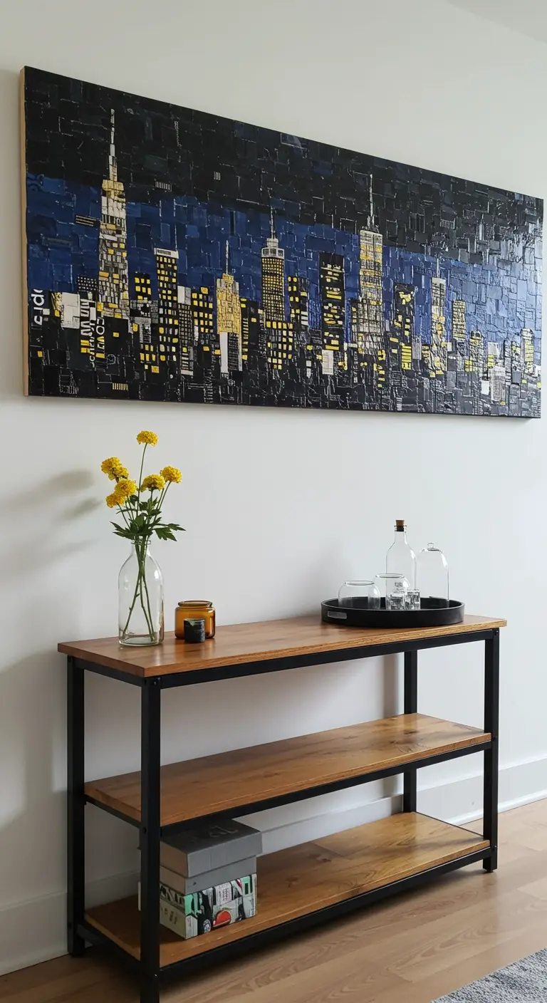 Collage de un paisaje urbano nocturno hecho con pequeños recortes de revista, colgado sobre una consola.