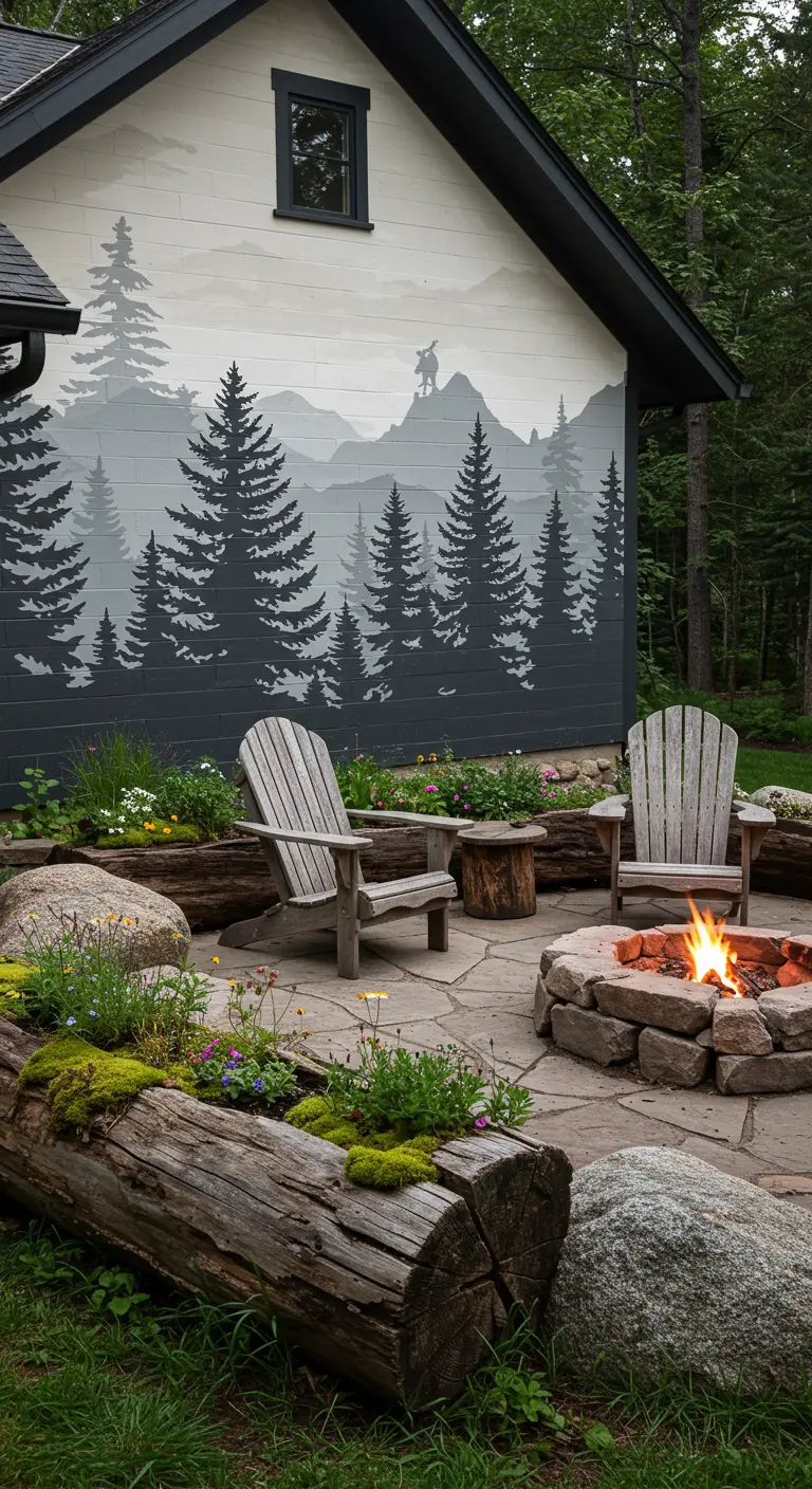 Patio con un mural de un paisaje de montañas y pinos en tonos grises, y un brasero de piedra.