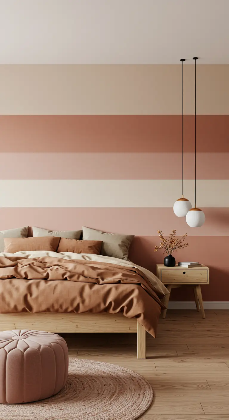 Dormitorio con pared pintada en franjas horizontales de tonos rosados y tierra