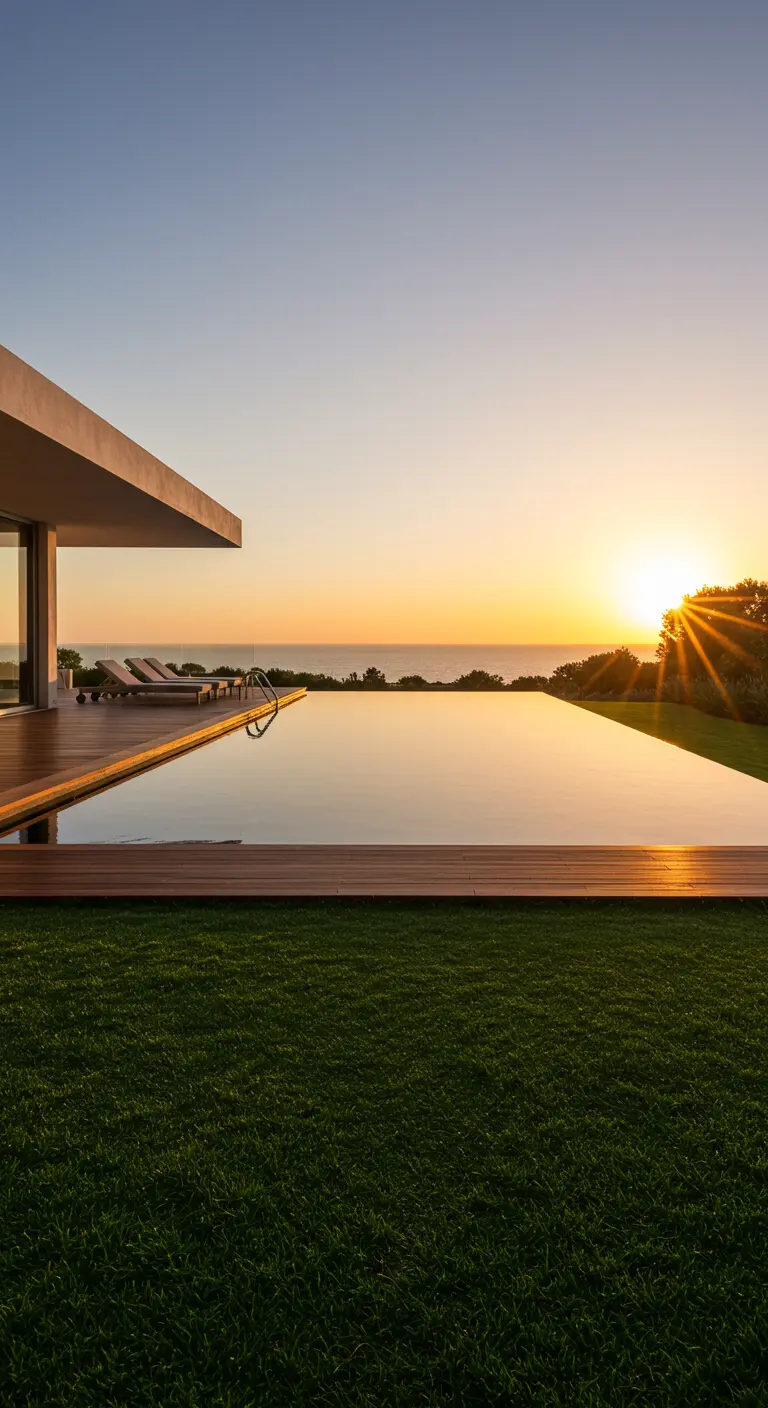 Piscina infinita con borde de madera que parece fundirse con el océano durante el atardecer.