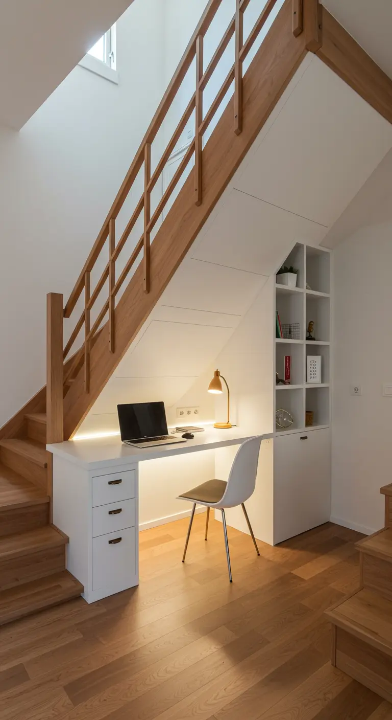 Escritorio blanco hecho a medida encajado perfectamente bajo una escalera de madera.