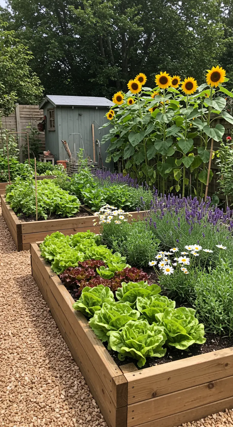 Huerto en bancales elevados de madera con lechugas, hierbas, lavanda, margaritas y una fila de girasoles altos.