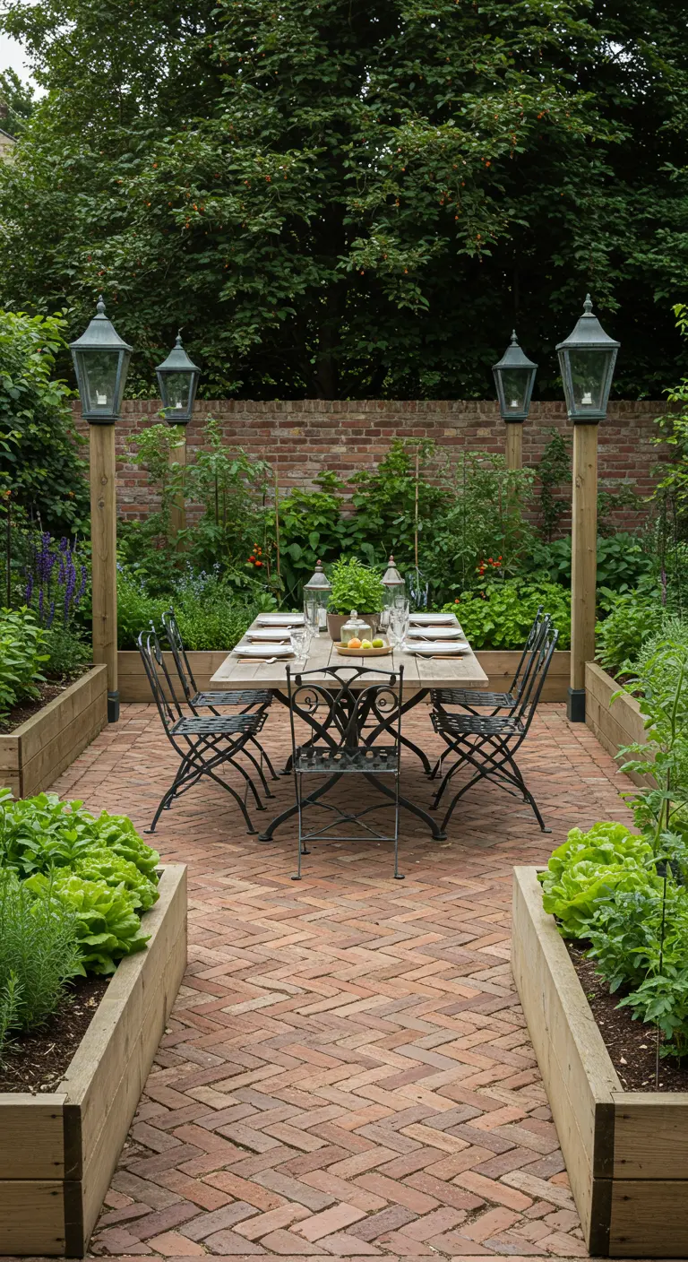 Comedor exterior en un huerto con una mesa de madera y faroles montados sobre postes de madera.
