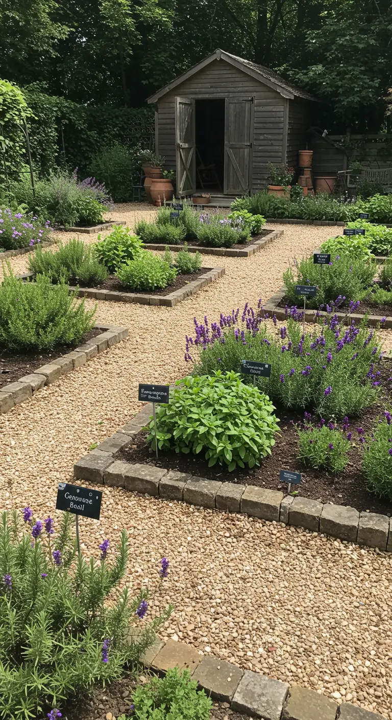 Huerto de hierbas aromáticas organizado en parterres cuadrados con etiquetas para cada planta