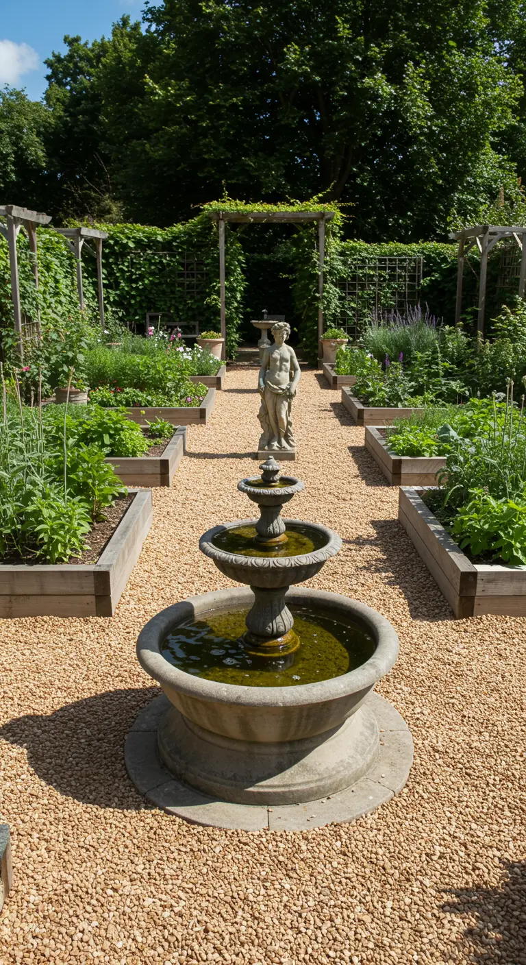 Huerto con bancales elevados de madera, caminos de grava y una fuente de tres pisos en el centro.