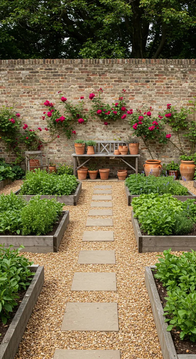 Huerto con bancales elevados, caminos de grava y rosas trepadoras en una pared de ladrillo.