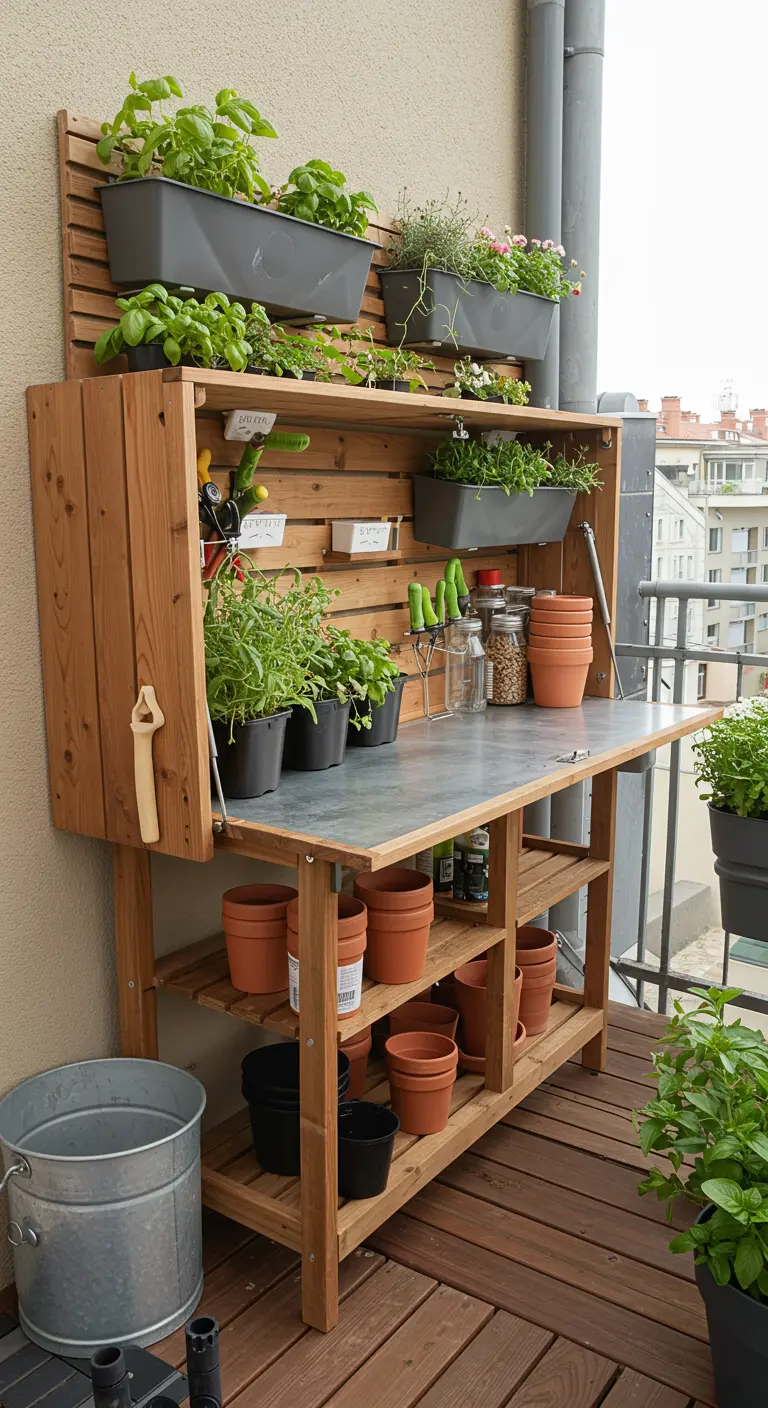 Mueble de jardinería de madera con mesa de trabajo plegable y estantes para macetas en un balcón.