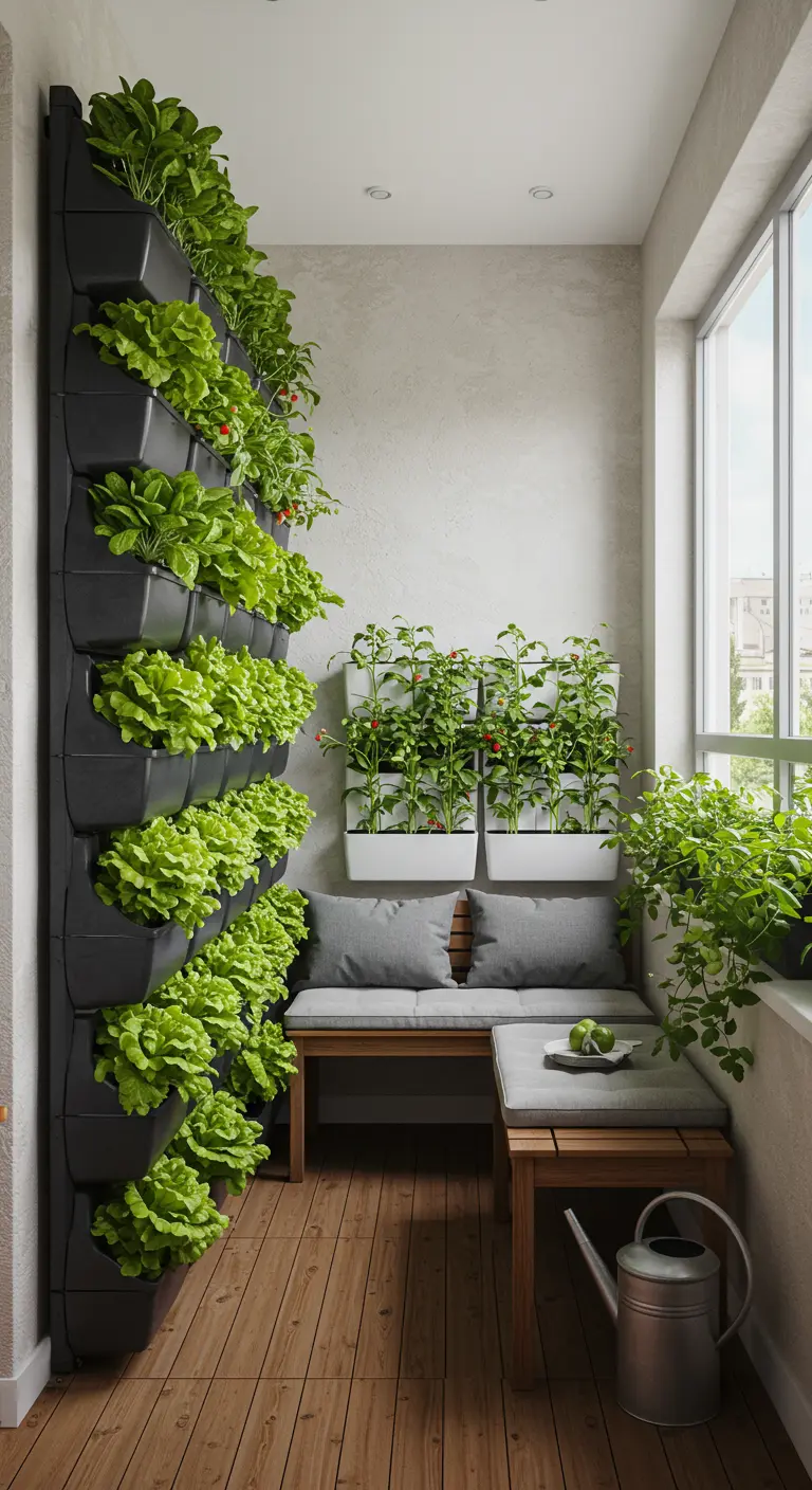 Jardín vertical en un balcón estrecho con lechugas y pimientos, junto a un banco de madera.
