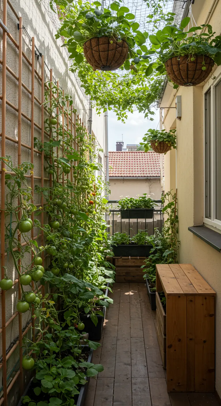Balcón estrecho convertido en un huerto vertical con tomateras creciendo en una celosía.