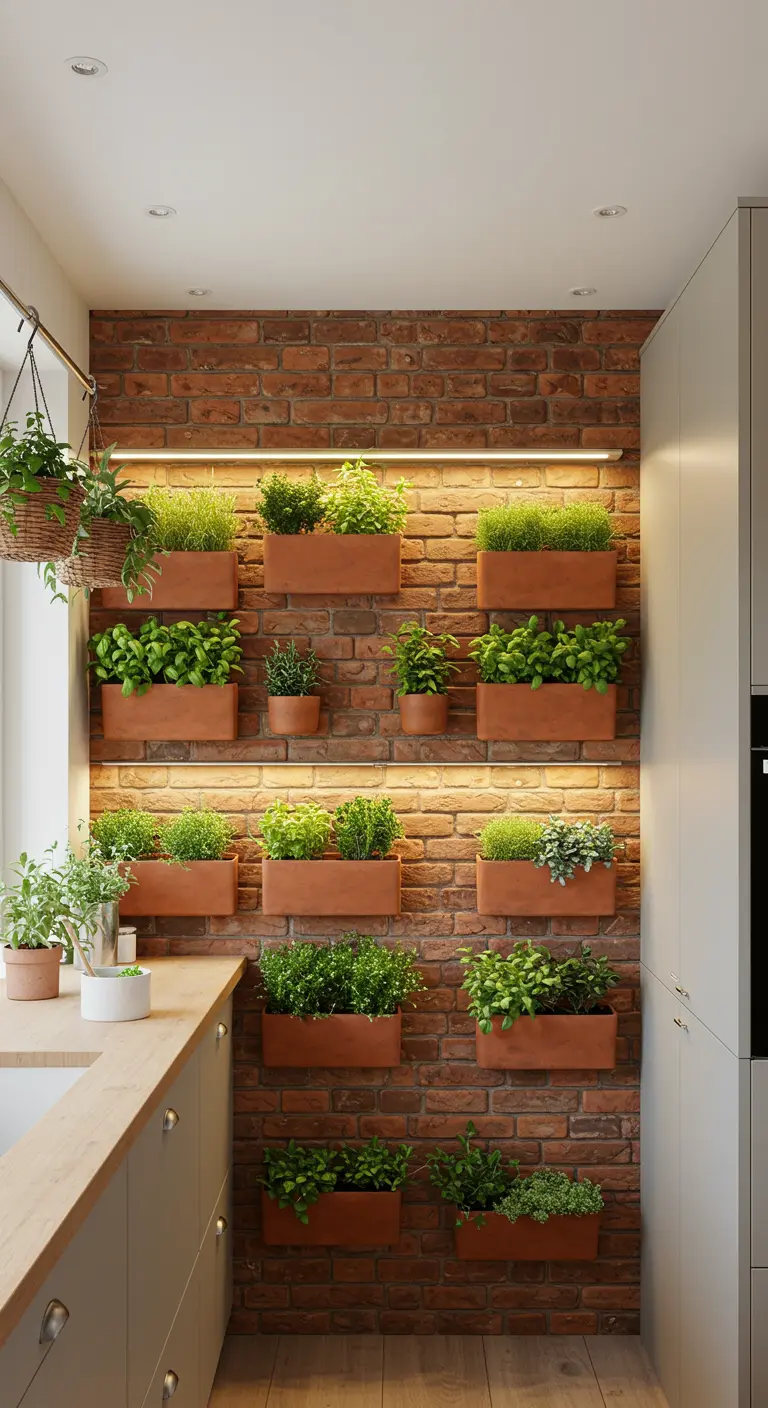 Pared de ladrillo con un jardín vertical de hierbas en macetas de terracota iluminadas.