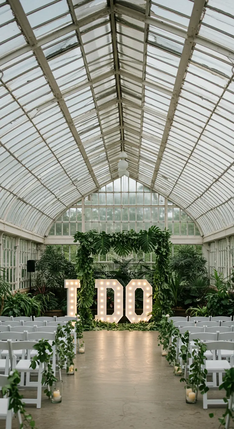 Letras luminosas I DO bajo un arco de vegetación en un luminoso invernadero.