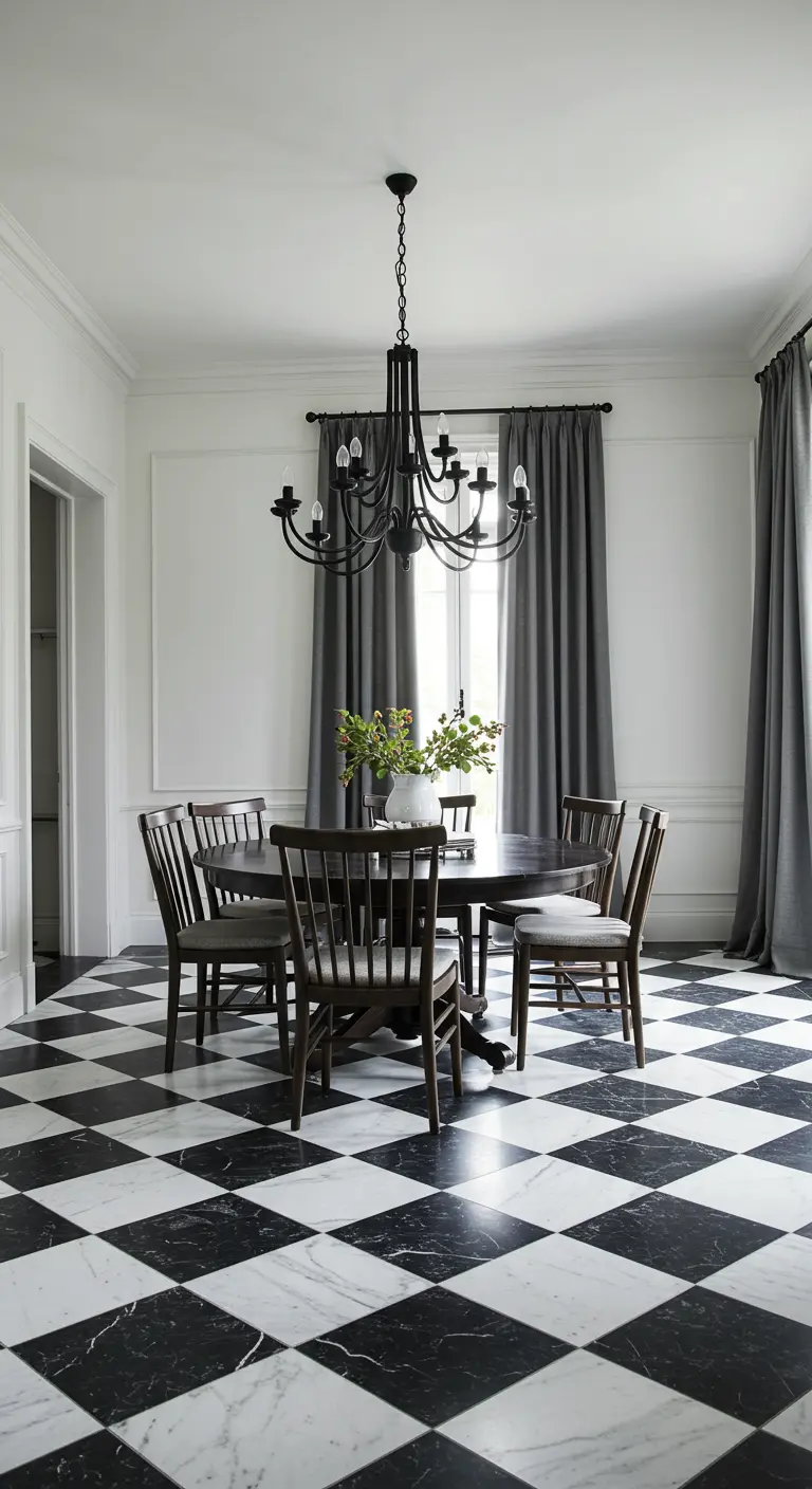 Comedor con un llamativo suelo de baldosas en blanco y negro, y muebles de madera oscura.