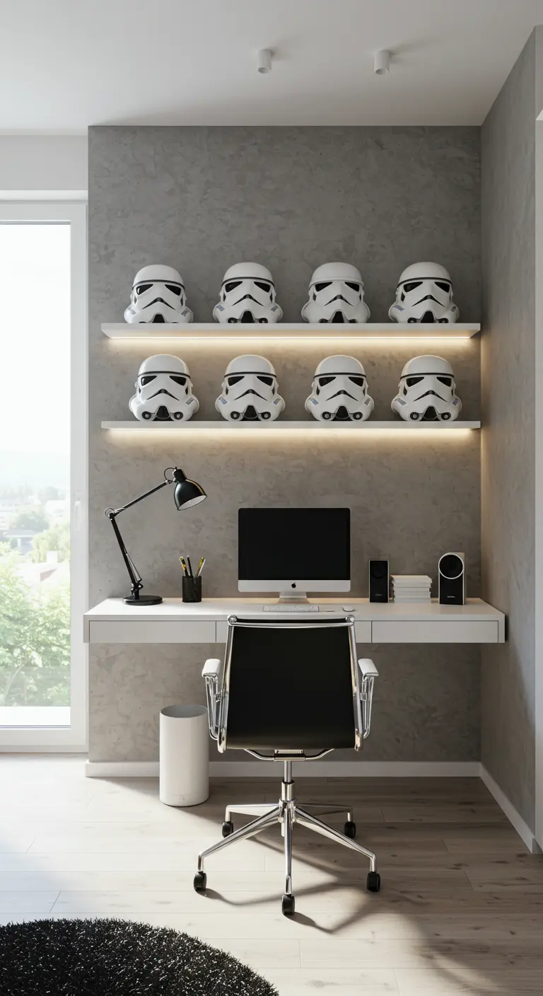 Oficina minimalista con estantes flotantes iluminados y cascos de Stormtrooper.