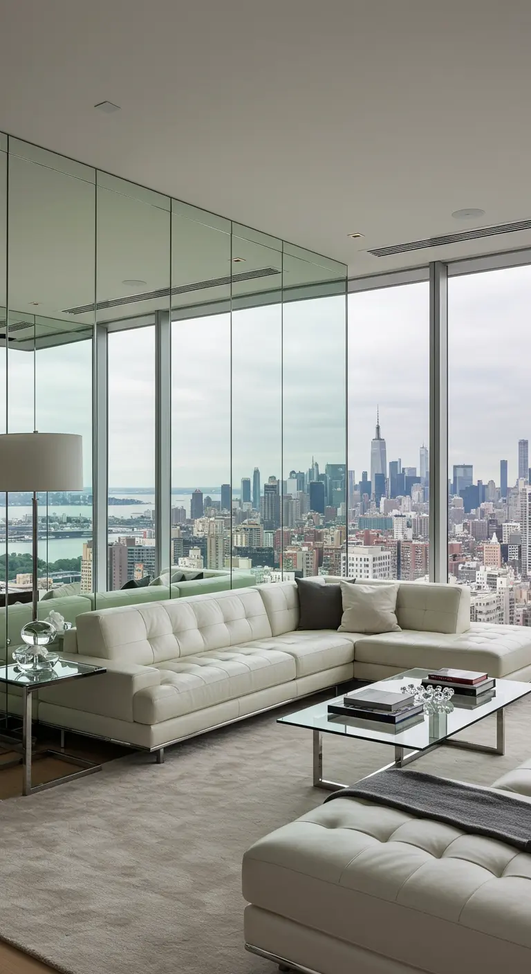 Salón moderno con una pared entera de espejos que refleja la vista de la ciudad